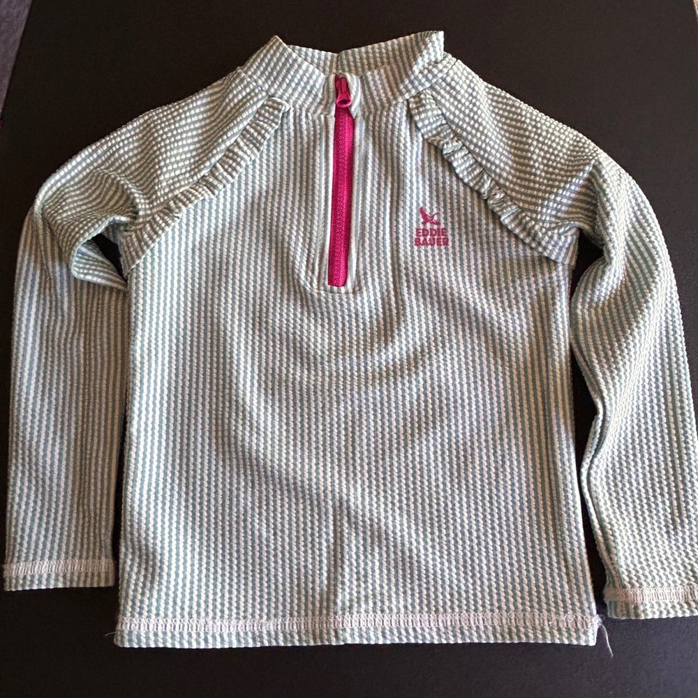 Eddie Bauer Kids Green White Seersucker Rash Guard‎ Swim Top 24M UPF 30 EBF15055
